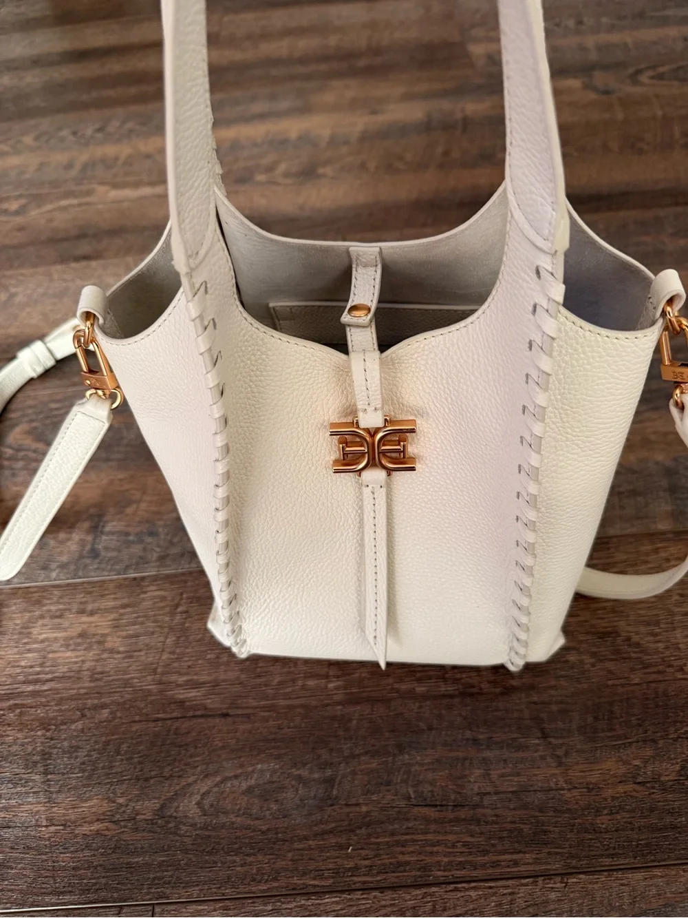 Sam Edelman Cream Leather Tote with Gold Logo Accent